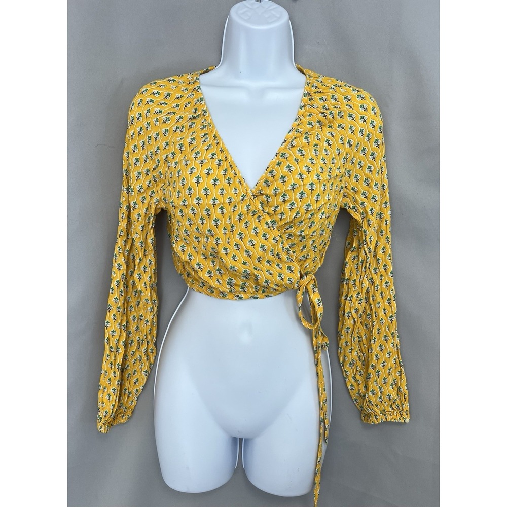 Rhode Dainty Lotus Print Wrap Top Yellow/Turquoise Sz XS Long‎ Sleeve